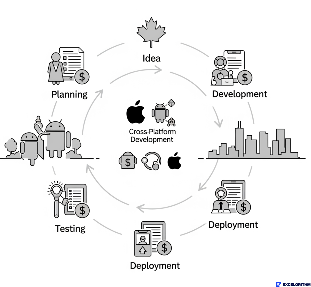Mobile app development lifecycle in Canada including idea, planning, development, testing, deployment, and cross-platform support for iOS and Android.