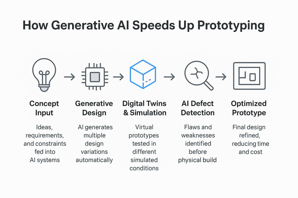 A flowchart diagram illustrating a five-step process of how generative AI accelerates prototyping. The steps, shown with icons and descriptions, are: 1. Concept Input, 2. Generative Design, 3. Digital Twins & Simulation, 4. AI Defect Detection, and 5. Optimized Prototype, which leads to a refined final design while reducing time and cost.