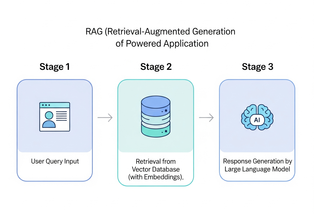 A clean, modern flat-style infographic illustrating the architecture of a RAG tutorial. The diagram shows a left-to-right flow with three stages. Stage 1 is "User Query Input," represented by a user icon on a screen. An arrow leads to Stage 2, "Retrieval from Vector Database (with Embeddings)," depicted by a cylindrical database icon. Another arrow points to the final Stage 3, "Response Generation by Large Language Model," which is symbolized by an AI brain icon.