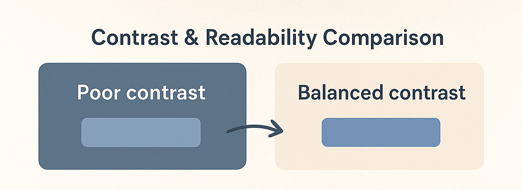Side-by-side comparison of two web layout examples — the left showing poor contrast with hard-to-read text, and the right showing balanced contrast with clear, accessible readability.