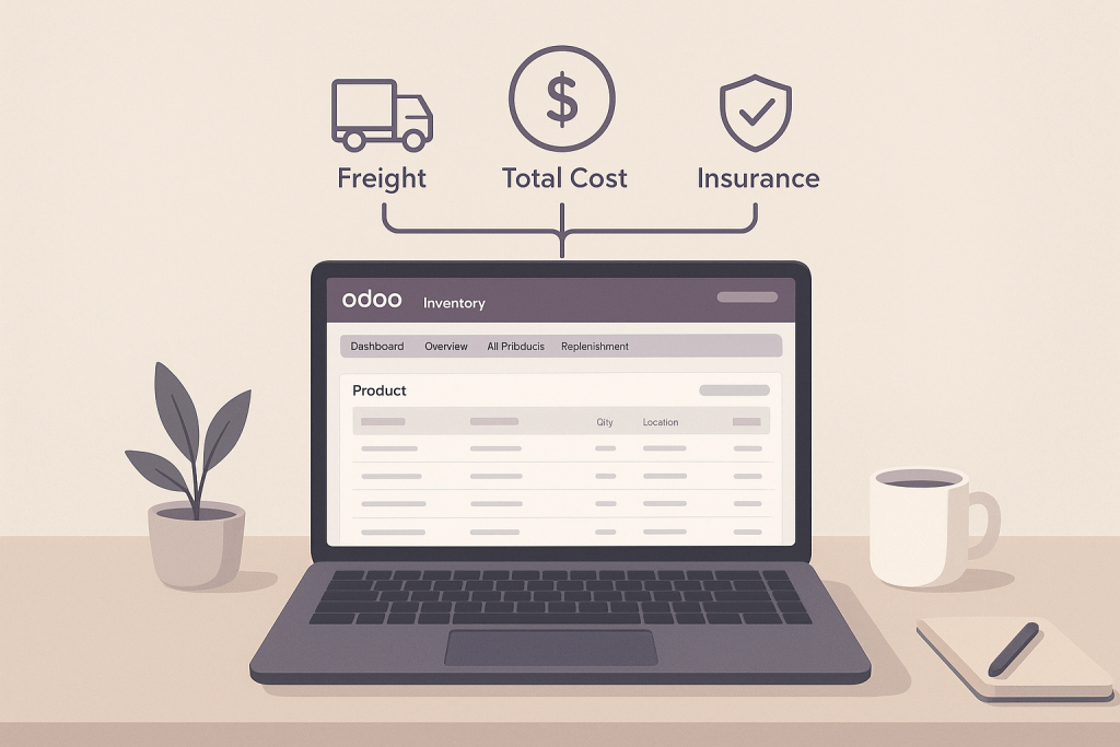 A minimalist, flat-style illustration showing an Odoo Inventory dashboard on a laptop. Icons for Freight, Total Cost (a dollar stack), and Insurance (a checked shield) are shown above the screen, connected by lines to indicate that freight and insurance feed into the total product cost, reflecting Odoo's landed cost feature.