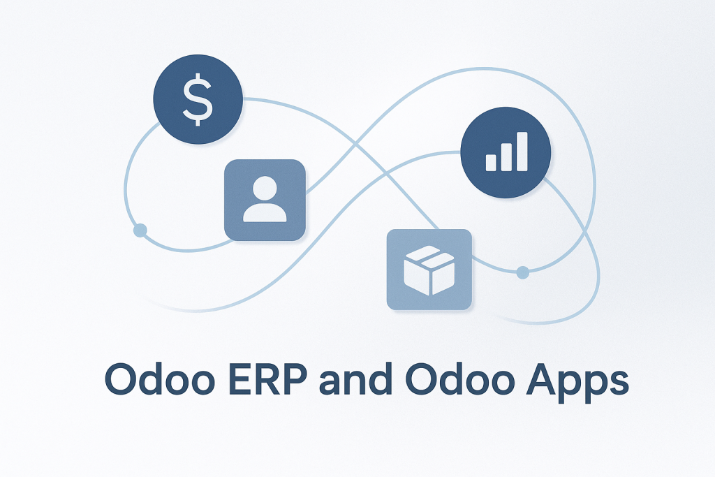 Minimalist illustration showing Odoo ERP and Odoo Apps integration through connected icons representing finance, HR, analytics, and logistics, symbolizing automation and unified business operations.