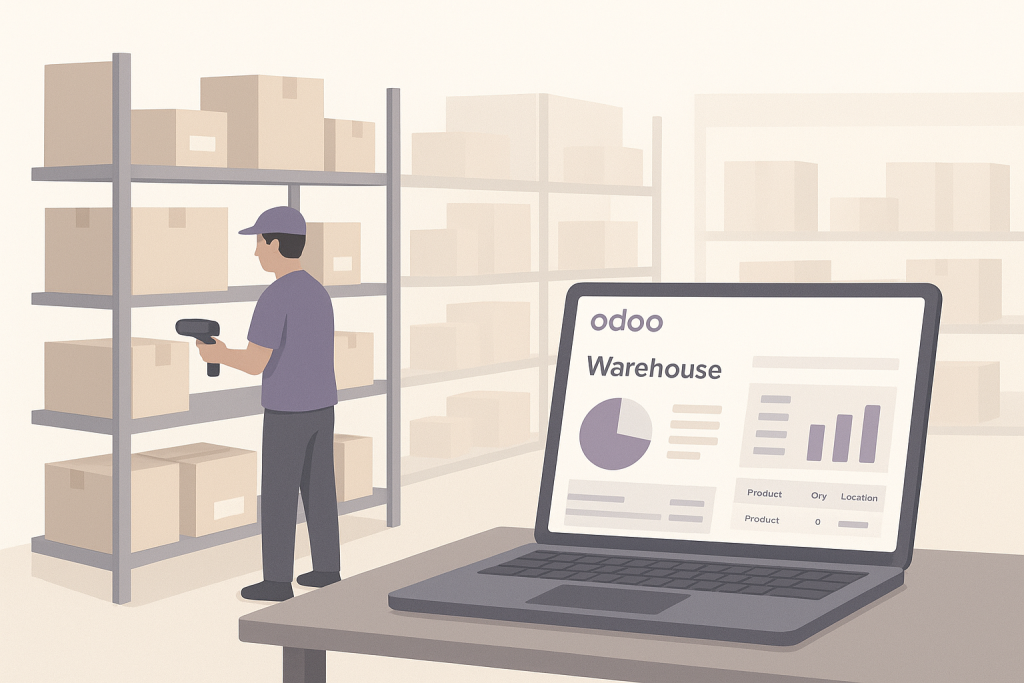A minimalist flat-style illustration of a modern warehouse powered by Odoo. A worker in neutral tones scans boxes on metal racks with a handheld barcode scanner, while a laptop on a desk displays the Odoo warehouse dashboard showing charts, graphs, and stock data. The scene uses soft lighting and Odoo’s purple-gray color palette for a clean, professional look.