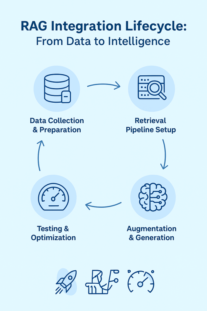 Infographic illustrating the RAG Integration Lifecycle, showing five connected stages—Data Collection & Preparation, Retrieval Pipeline Setup, Augmentation & Generation, Testing & Optimization, and Deployment & Scaling—depicted with clean modern icons in a circular flow design.