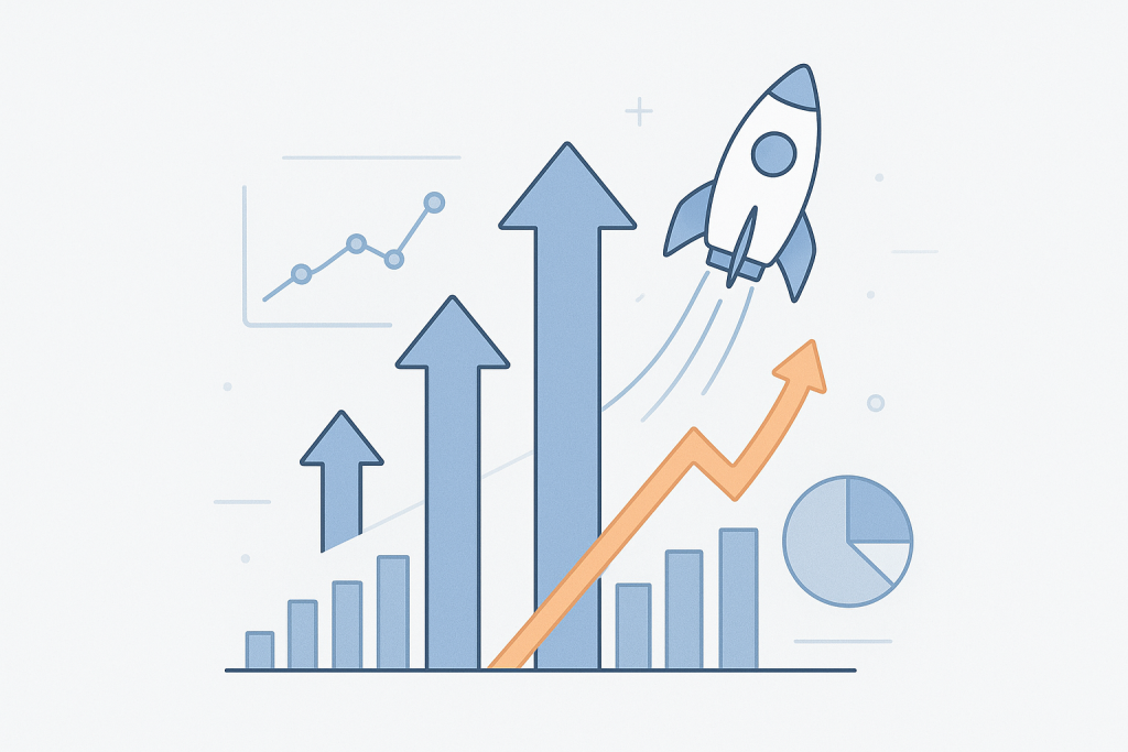Abstract illustration of startup growth with arrows, charts, and graphs representing strategic planning and revenue model success.