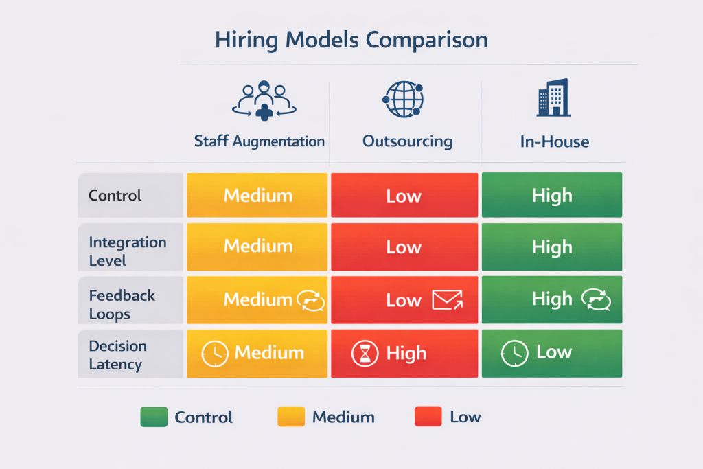 Infographic showing a comparison matrix of software team hiring models. Columns: Staff Augmentation, Outsourcing, In-House. Rows: Control, Integration Level, Feedback Loops, Decision Latency. High, medium, and low values are color-coded green, yellow, and red, with icons highlighting feedback loops and decision latency.