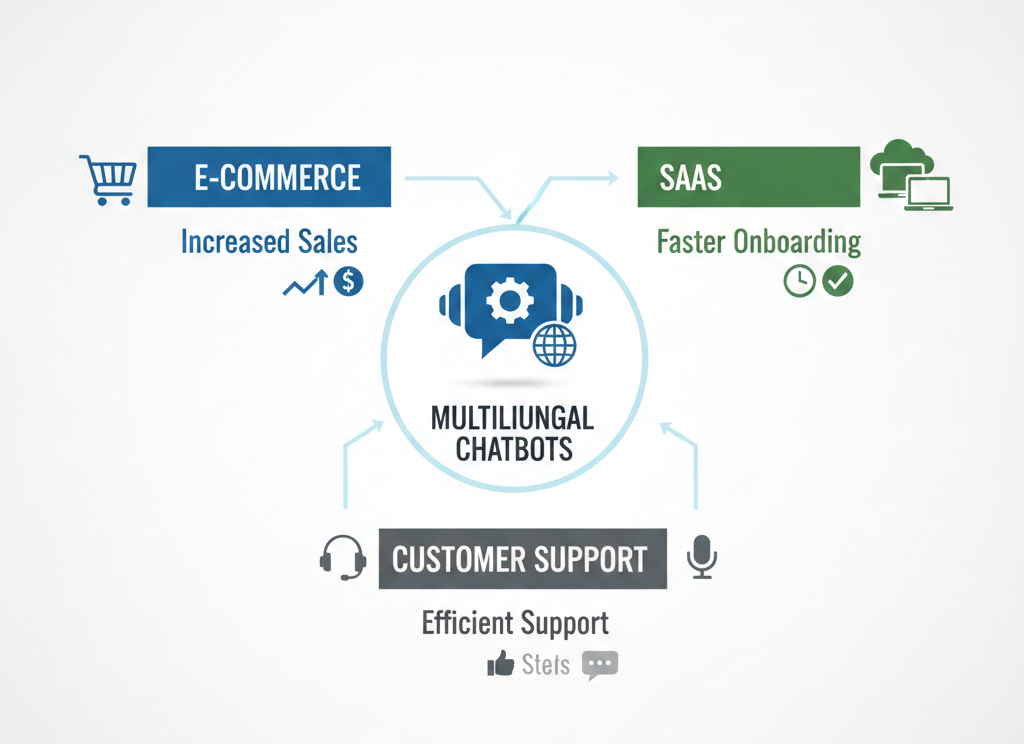 Infographic showing a central multilingual chatbot icon connected to three industries: eCommerce (boosts sales and order support), SaaS (improves onboarding and feature adoption), and Customer Support (handles high-volume queries efficiently).