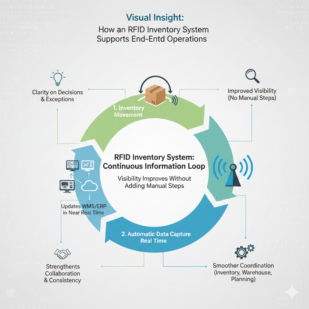 Infographic showing the RFID Inventory System as a Continuous Information Loop. Steps include Inventory Movement, Automatic Data Capture, and Real-Time System Updates. The loop highlights benefits like Improved Visibility and Smoother Coordination across the supply chain.