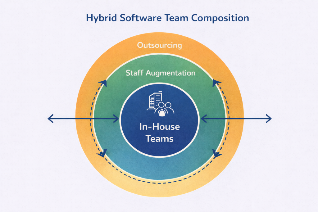 Diagram titled “Hybrid Software Team Composition” showing three concentric circles: In-House Teams at the center, surrounded by Staff Augmentation, and an outer layer of Outsourcing, with arrows indicating interaction and flexibility between layers.