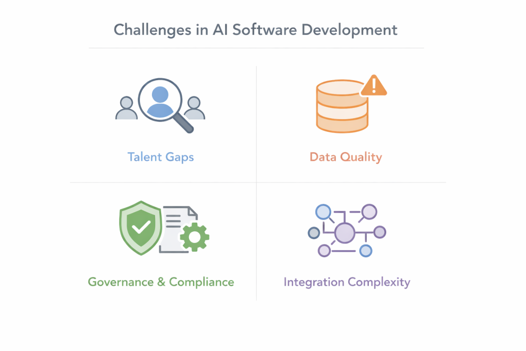 Minimalist infographic titled “Challenges in AI Software Development” showing four labeled icons on a white background: Talent Gaps, Data Quality, Governance and Compliance, and Integration Complexity, arranged in a clean grid with soft colors.