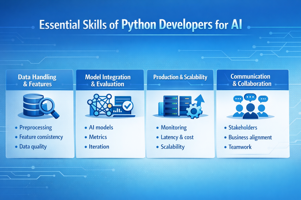 Infographic showing essential skills of Python developers for AI, including data preprocessing, feature consistency, AI model integration, metrics evaluation, monitoring, scalability, stakeholder communication, and teamwork.