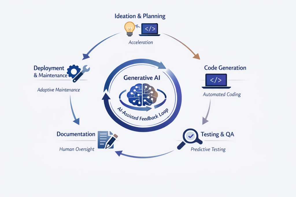 Minimalist infographic showing generative AI’s impact on the software development lifecycle: Ideation & Planning, Code Generation, Testing & QA, Documentation, Deployment & Maintenance. Includes circular flow layout with AI-assisted feedback loops, human oversight, predictive testing, and adaptive maintenance, using professional blue and purple tones.
