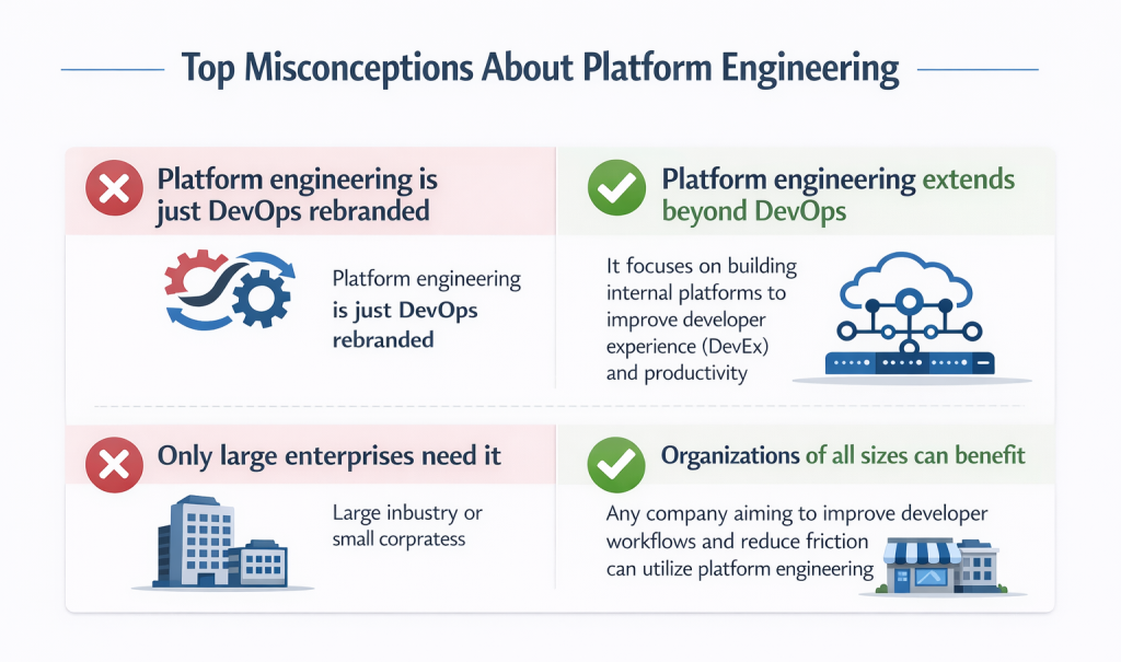 Infographic titled “Top Misconceptions About Platform Engineering,” showing two common myths on the left with red X icons and the corrected explanations on the right with green checkmarks. It contrasts “Platform engineering is just DevOps rebranded” and “Only large enterprises need it” with clarifications that platform engineering extends beyond DevOps and benefits organizations of all sizes, using simple cloud, gear, and building icons in a clean, enterprise-style layout.