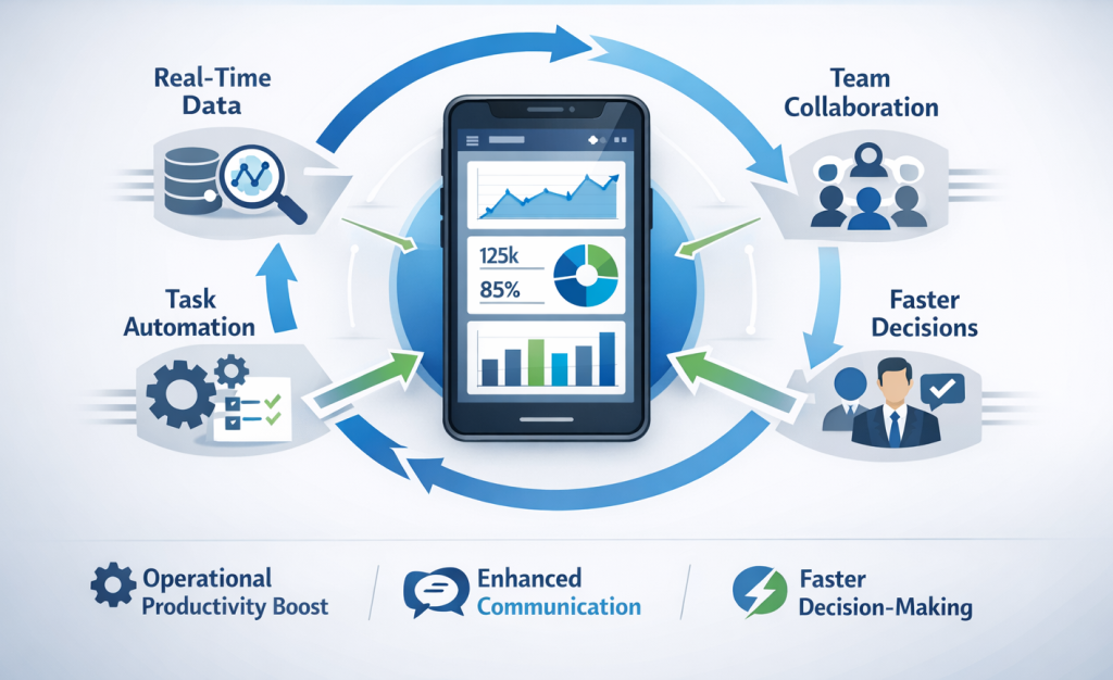 Infographic showing a central mobile dashboard with live metrics. Arrows illustrate a cycle from Real-Time Data → Task Automation → Team Collaboration → Faster Decisions. Icons represent employees, managers, and workflow charts. Highlights include Operational Productivity Boost, Enhanced Communication, and Faster Decision-Making. Modern tech design with blue, gray, and green colors.