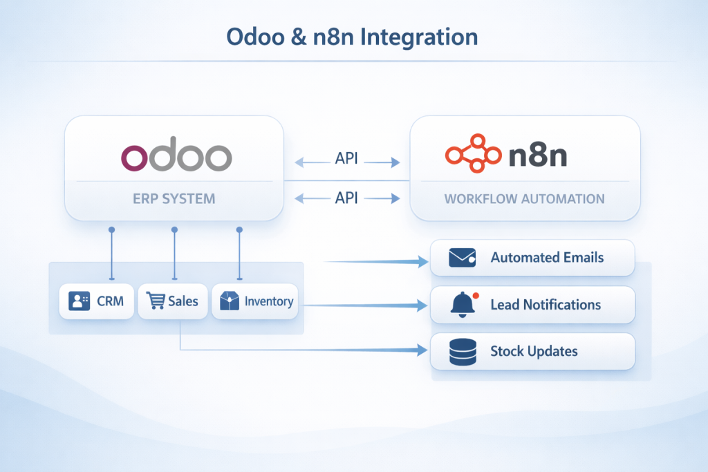 Technical infographic showing Odoo as a central ERP connected to n8n workflow automation via APIs, with modules like CRM, Sales, and Inventory triggering automated data flows and actions.