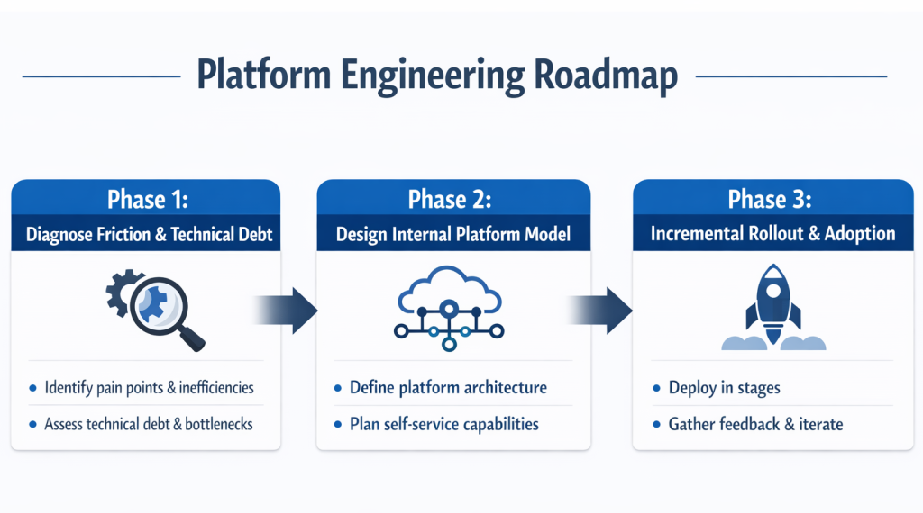 A horizontal infographic titled “Platform Engineering Roadmap” showing three connected phases with arrows indicating progression from left to right. Phase 1, “Diagnose Friction & Technical Debt,” features a magnifying glass and gear icon with descriptors about identifying pain points and assessing bottlenecks. Phase 2, “Design Internal Platform Model,” includes a cloud and connected nodes icon with descriptors about defining architecture and planning self-service capabilities. Phase 3, “Incremental Rollout & Adoption,” shows a rocket icon with descriptors about staged deployment and gathering feedback. The design uses a clean blue, white, and gray enterprise-style layout.
