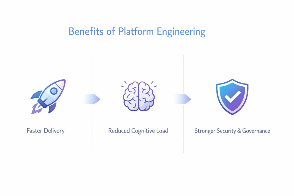 Minimal infographic titled “Benefits of Platform Engineering” with three connected sections: a rocket icon labeled “Faster Delivery,” a brain icon labeled “Reduced Cognitive Load,” and a shield icon labeled “Stronger Security & Governance,” using soft blue and purple tones.