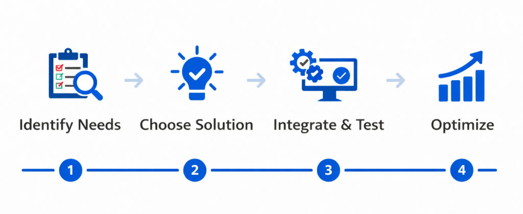 A minimal horizontal process infographic showing four stages connected by blue arrows and a timeline. Steps include Identify Needs, Choose Solution, Integrate & Test, and Optimize. Each step has a simple icon above it (clipboard/search, lightbulb, system integration, and growth chart), with numbered indicators in blue and clean spacing on a white background.