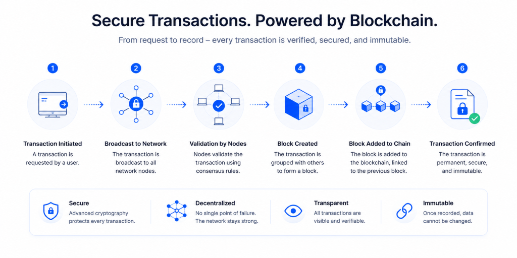 Minimal linear blockchain infographic with connected transaction blocks, validation nodes, and lock icons showing the secure flow of a blockchain transaction from initiation to confirmation on a clean white background with blue accents.