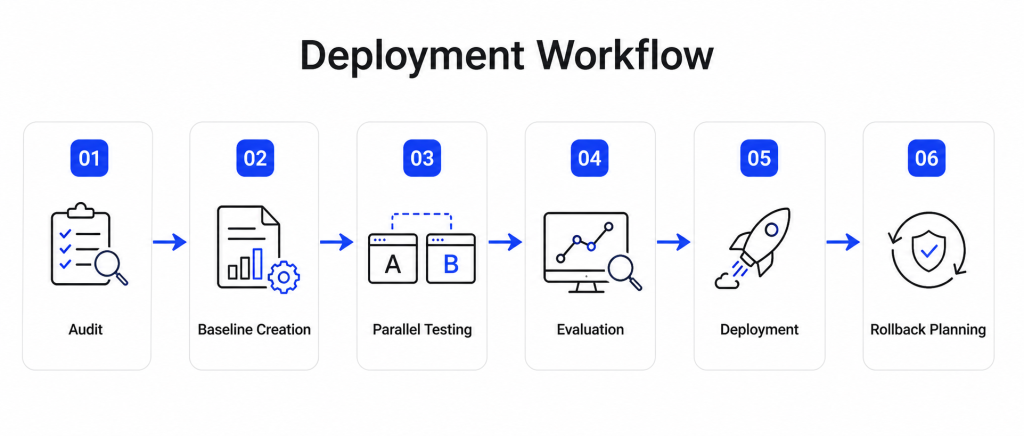 Horizontal step-by-step deployment workflow infographic showing six stages-Audit, Baseline Creation, Parallel Testing, Evaluation, Deployment, and Rollback Planning.