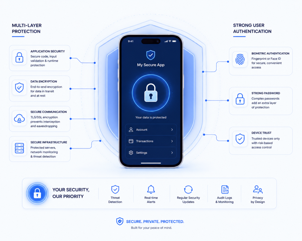 A clean cybersecurity infographic centered around a smartphone displaying a secure mobile app interface. The phone is surrounded by glowing blue shield layers and connected to security features such as biometric authentication, strong passwords, encrypted communication, secure infrastructure, and device trust. Minimal enterprise-style icons and thin connector lines organize the information on a white background with subtle blue highlights.
