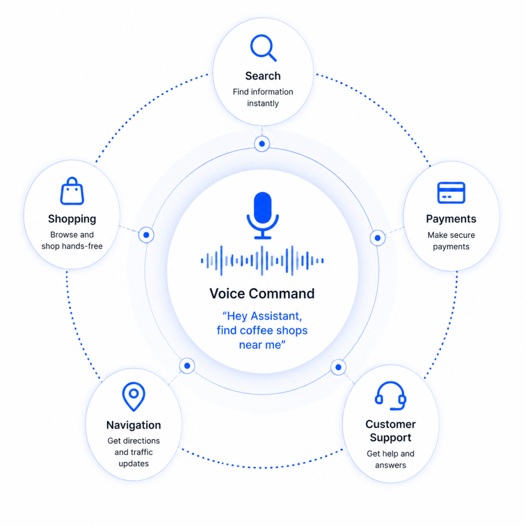Minimal circular infographic with a central voice command microphone and soundwave graphic connected to surrounding icons for search, payments, navigation, shopping, and customer support on a clean white background with blue accents.