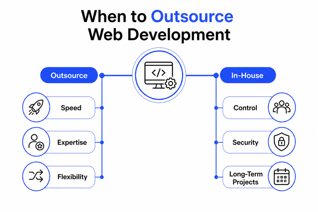 Minimalist infographic titled “When to Outsource Web Development” showing a central hub branching into two sides: “Outsource” with Speed, Expertise, Flexibility, and “In-House” with Control, Security, Long-Term Projects, using a clean blue, black, and gray design.