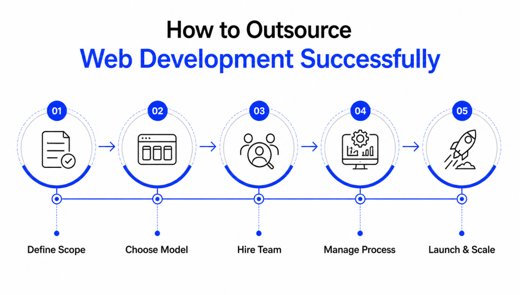 Minimalist infographic titled “How to Outsource Web Development Successfully” showing a 5-step linear workflow with connected nodes and arrows: Define Scope, Choose Model, Hire Team, Manage Process, and Launch & Scale, using a clean modern UI design with blue and black accents on a white background.
