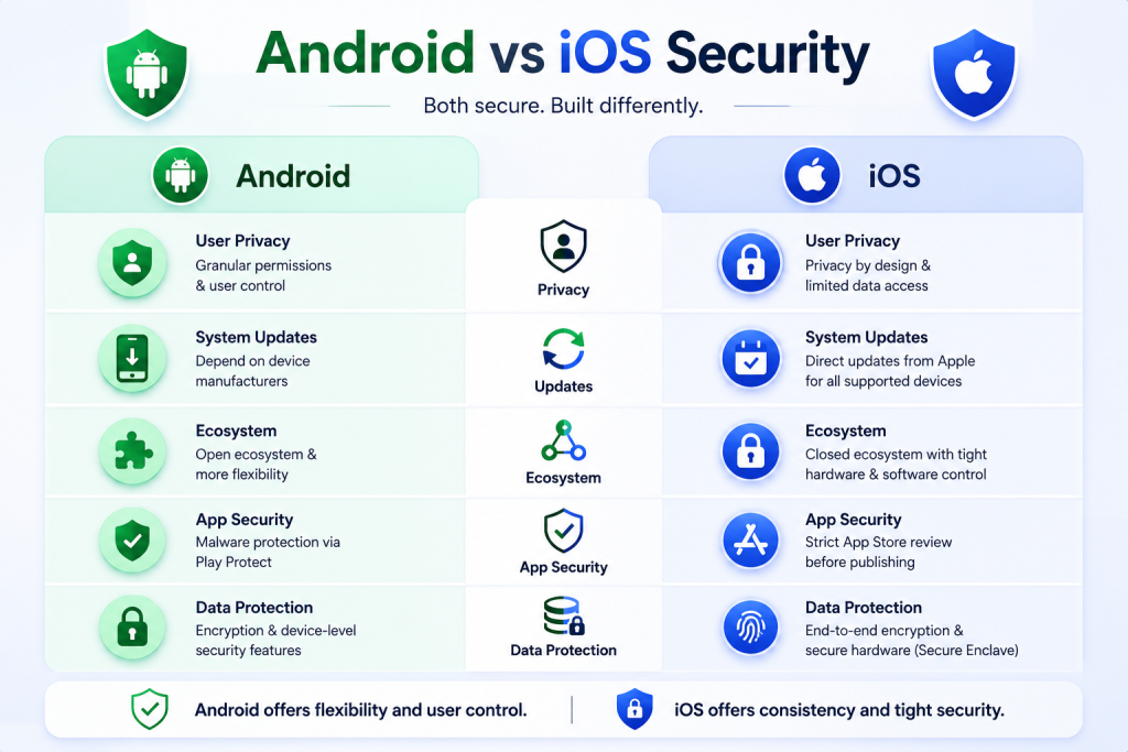 Minimalist corporate infographic titled Android vs iOS Security. The design features a side-by-side comparison of Android and iOS using green and blue sections with shield and security icons. Key categories include Privacy, Updates, Ecosystem, App Security, and Data Protection. Android emphasizes flexibility, user control, and an open ecosystem, while iOS highlights privacy-focused design, direct updates, and tighter ecosystem control. A simple summary at the bottom notes that Android offers flexibility and customization, while iOS focuses on consistency and integrated security.