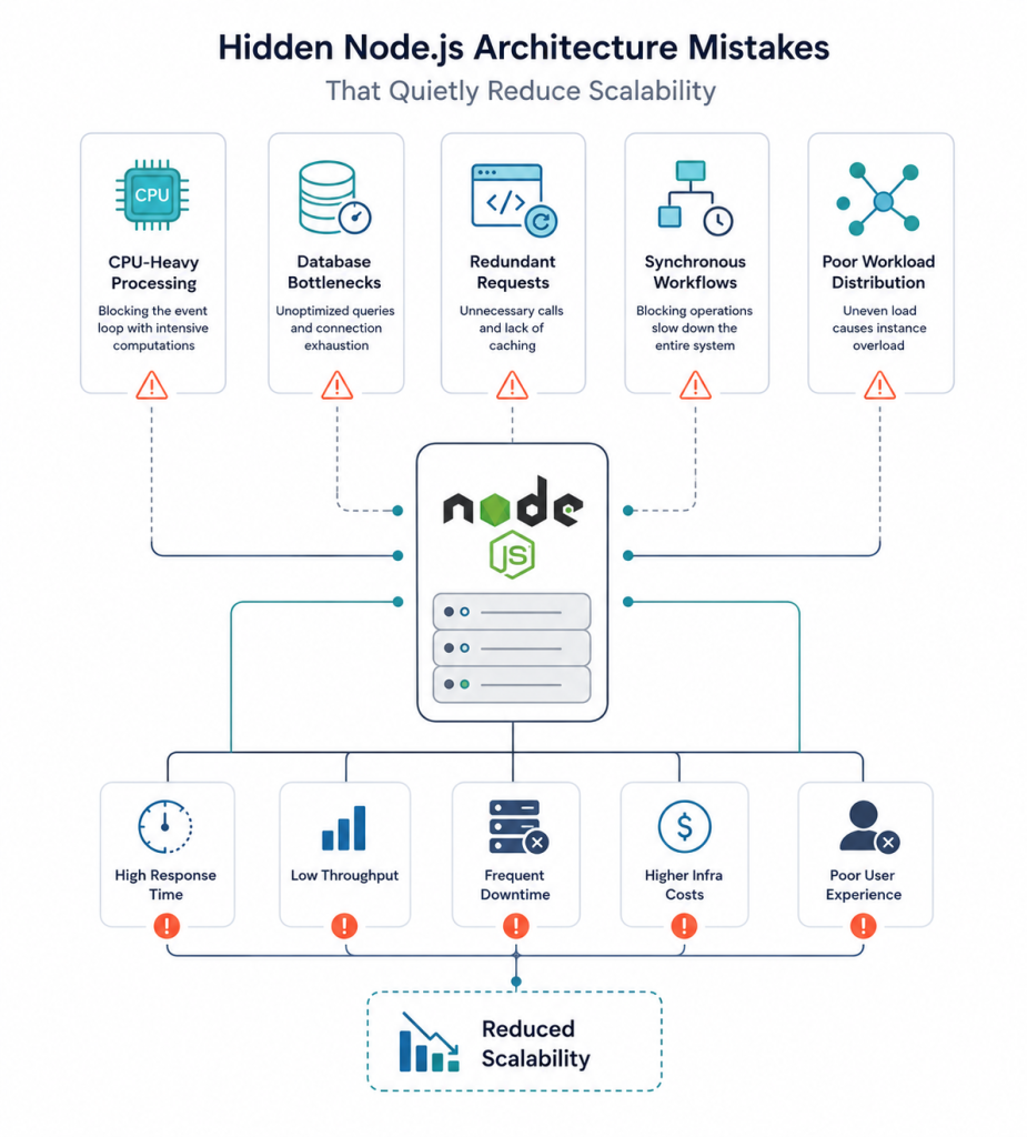 Minimalist infographic showing a central Node.js server connected to CPU-heavy processing, database bottlenecks, redundant requests, synchronous workflows, and poor workload distribution, illustrating how these architectural issues lead to reduced scalability, higher latency, downtime, and performance problems.
