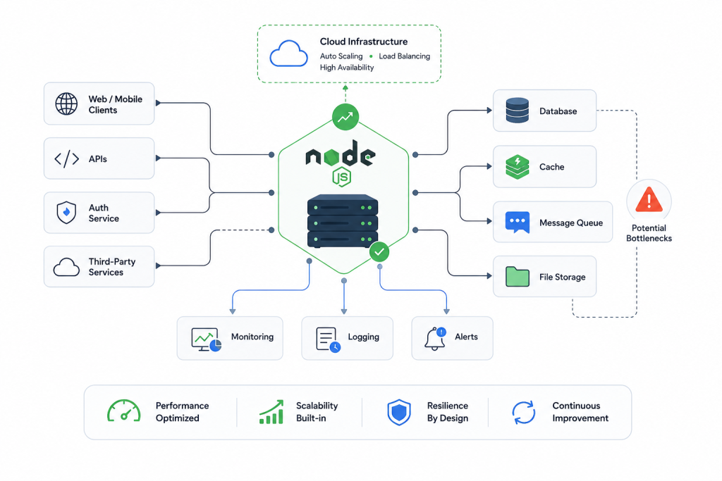 Minimalist illustration of a scalable Node.js architecture connecting APIs, databases, cache, message queues, monitoring, and cloud infrastructure, with a small warning icon highlighting potential architectural bottlenecks.
